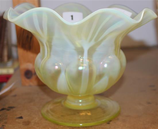 Vaseline glass bowl with Canpana shaped body & wavey rim